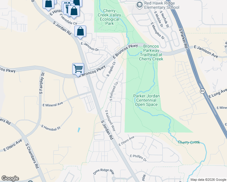map of restaurants, bars, coffee shops, grocery stores, and more near 7835 South Kalispell Circle in Englewood
