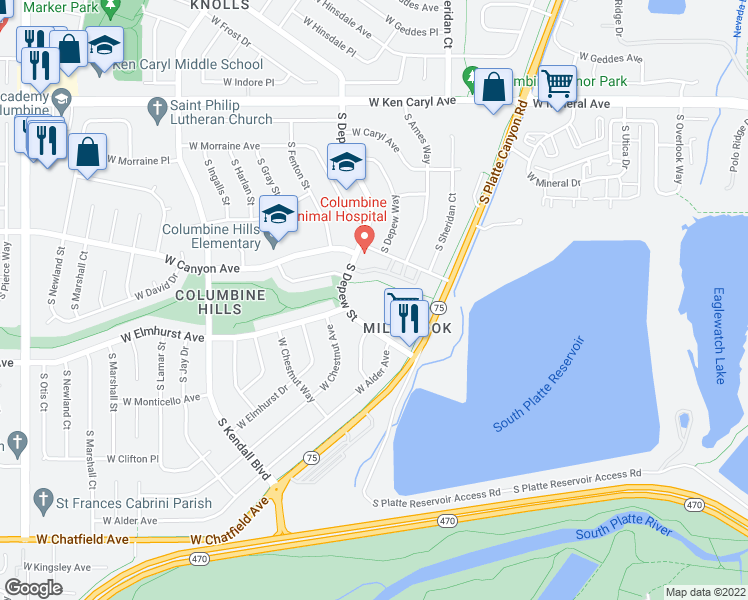 map of restaurants, bars, coffee shops, grocery stores, and more near 7908 South Depew Street in Littleton