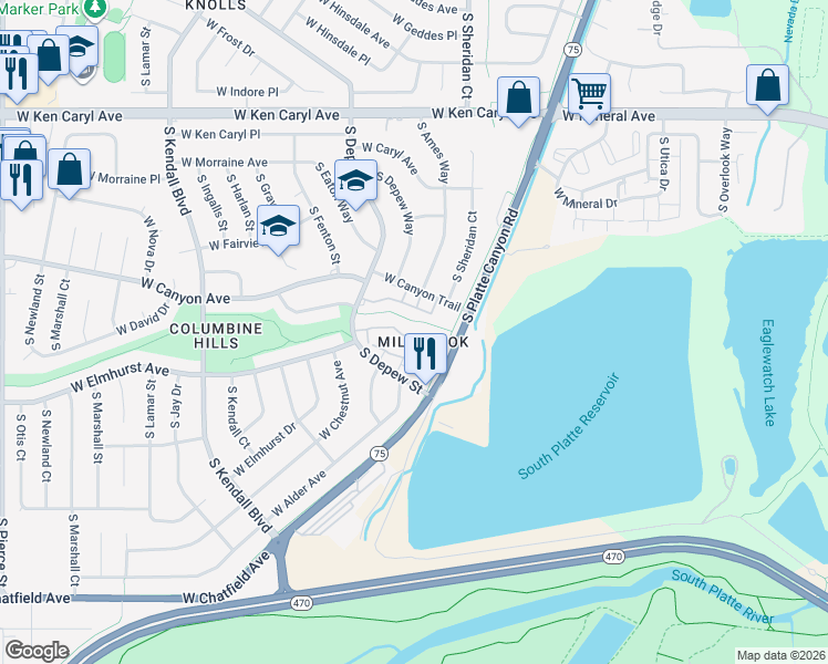 map of restaurants, bars, coffee shops, grocery stores, and more near 7924 South Depew Street in Littleton