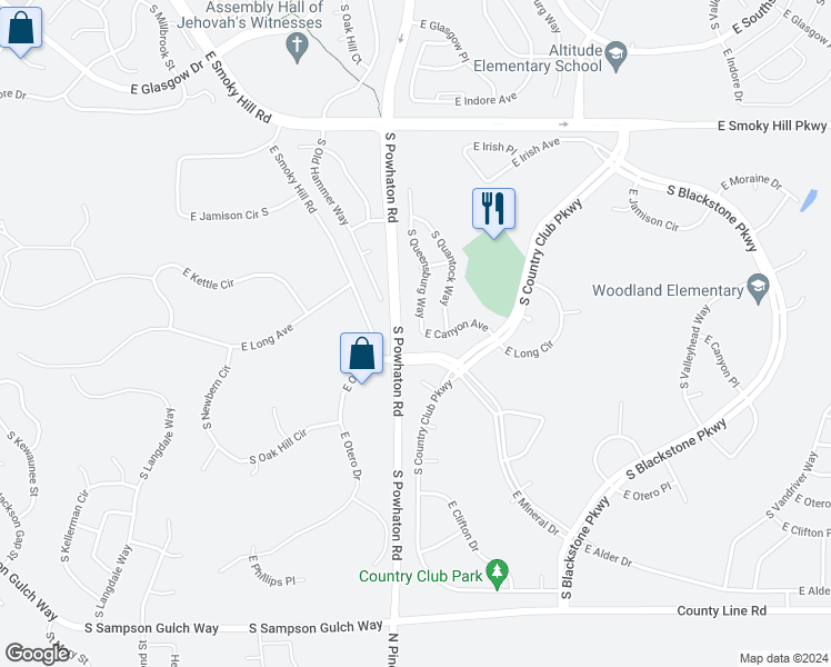 map of restaurants, bars, coffee shops, grocery stores, and more near 7831 South Queensburg Way in Aurora
