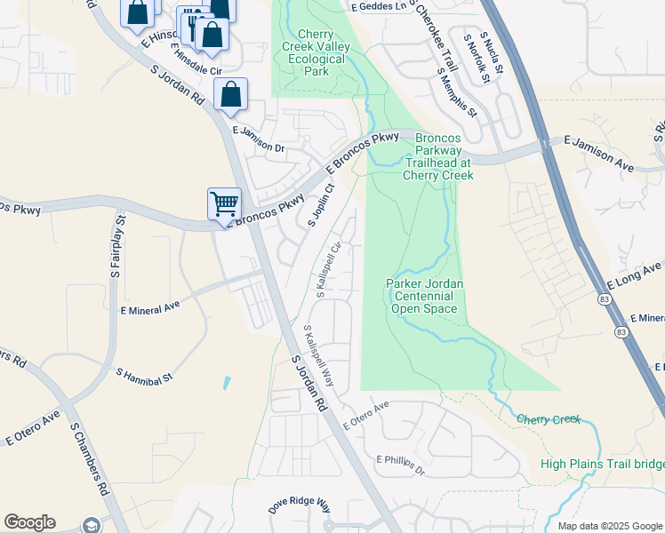 map of restaurants, bars, coffee shops, grocery stores, and more near 7835 South Kalispell Circle in Englewood