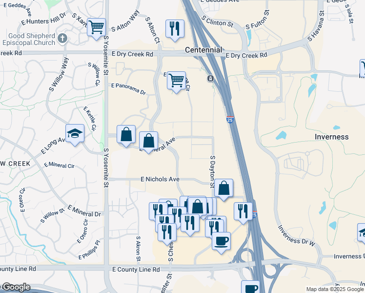 map of restaurants, bars, coffee shops, grocery stores, and more near 9300 East Mineral Avenue in Centennial