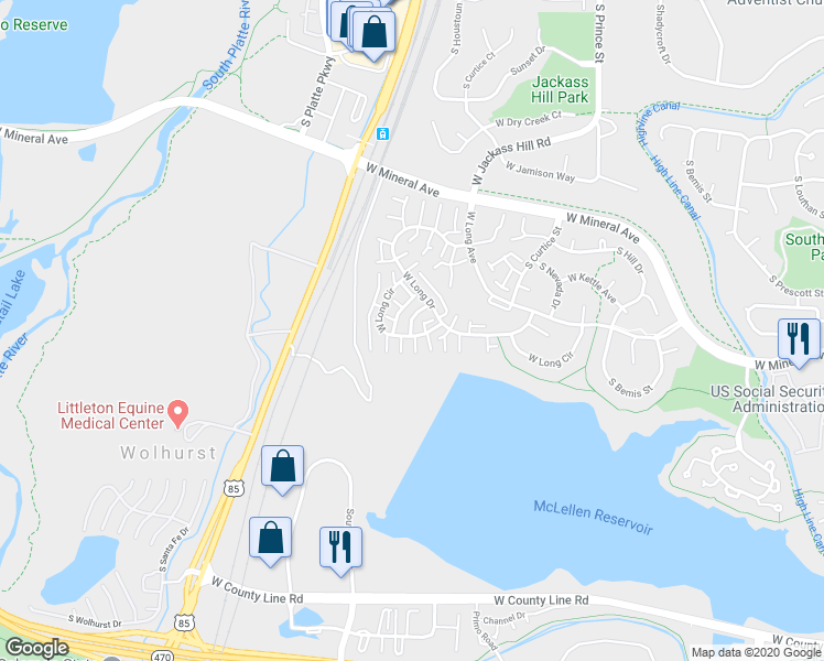 map of restaurants, bars, coffee shops, grocery stores, and more near 2889 West Long Circle in Littleton