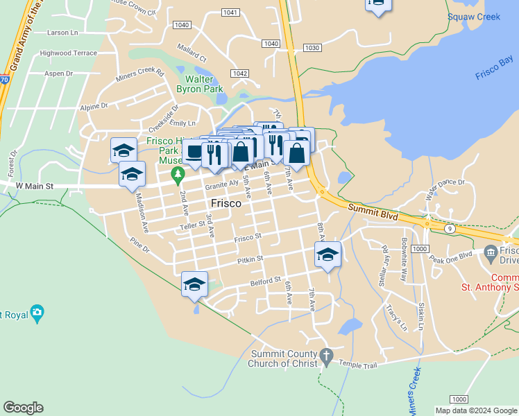 map of restaurants, bars, coffee shops, grocery stores, and more near 521 Teller Street in Frisco