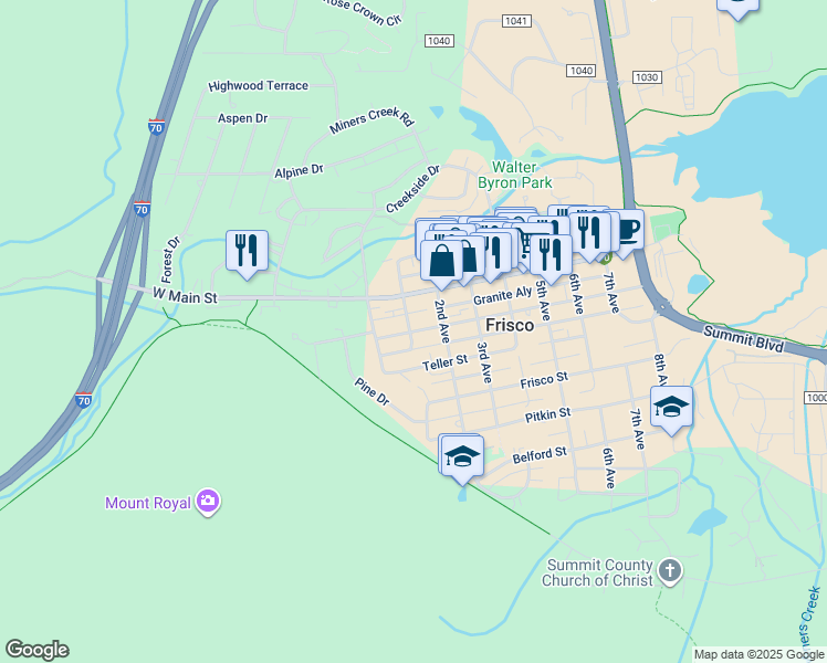 map of restaurants, bars, coffee shops, grocery stores, and more near 110 Granite Street in Frisco