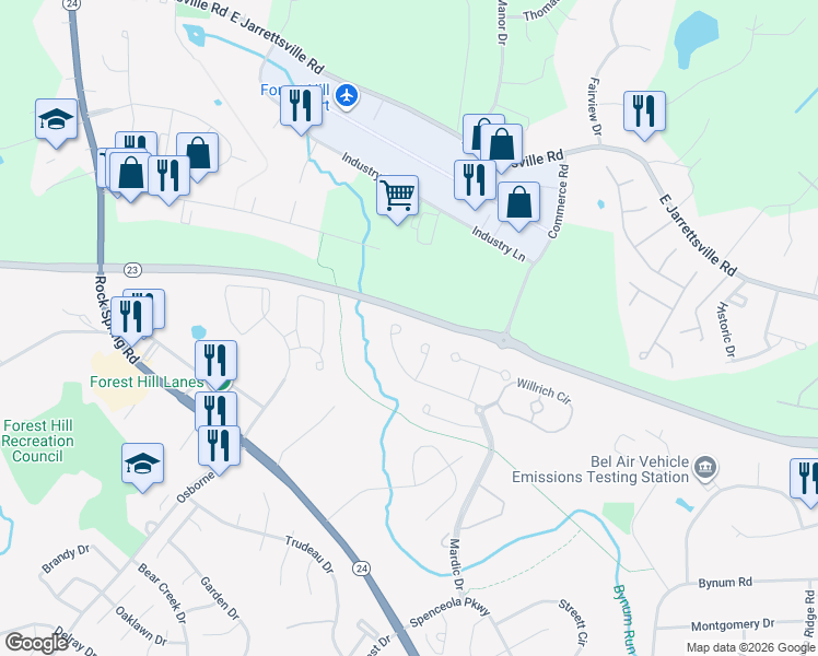 map of restaurants, bars, coffee shops, grocery stores, and more near 2145 Mardic Drive in Forest Hill