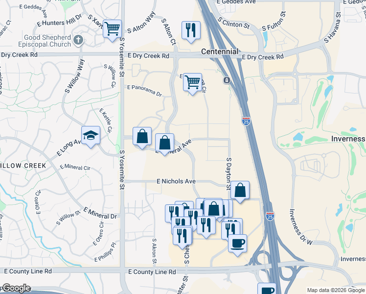 map of restaurants, bars, coffee shops, grocery stores, and more near 9300 East Mineral Avenue in Centennial