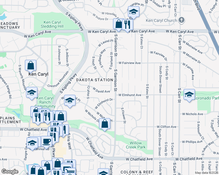 map of restaurants, bars, coffee shops, grocery stores, and more near 9280 West Canyon Place in Littleton