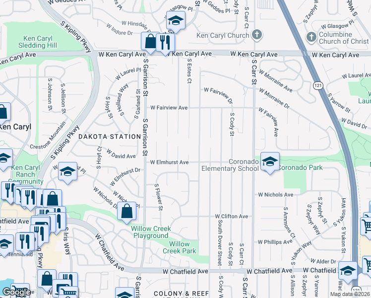 map of restaurants, bars, coffee shops, grocery stores, and more near 7853 South Estes Court in Littleton