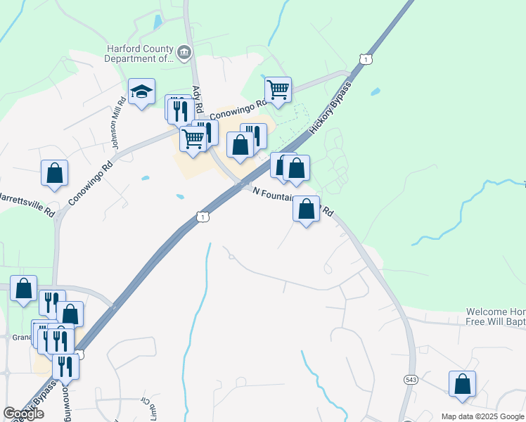 map of restaurants, bars, coffee shops, grocery stores, and more near 1900 North Fountain Green Road in Bel Air