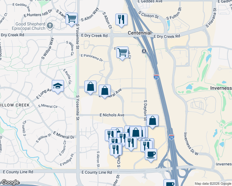 map of restaurants, bars, coffee shops, grocery stores, and more near 9300 East Mineral Avenue in Centennial