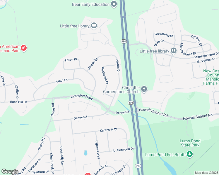 map of restaurants, bars, coffee shops, grocery stores, and more near 27 Peninsula Court in Bear