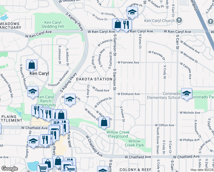 map of restaurants, bars, coffee shops, grocery stores, and more near 9280 West Canyon Place in Littleton