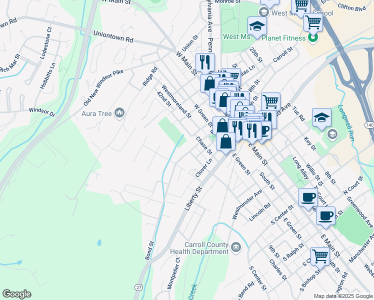 map of restaurants, bars, coffee shops, grocery stores, and more near 82 Bond Street in Westminster