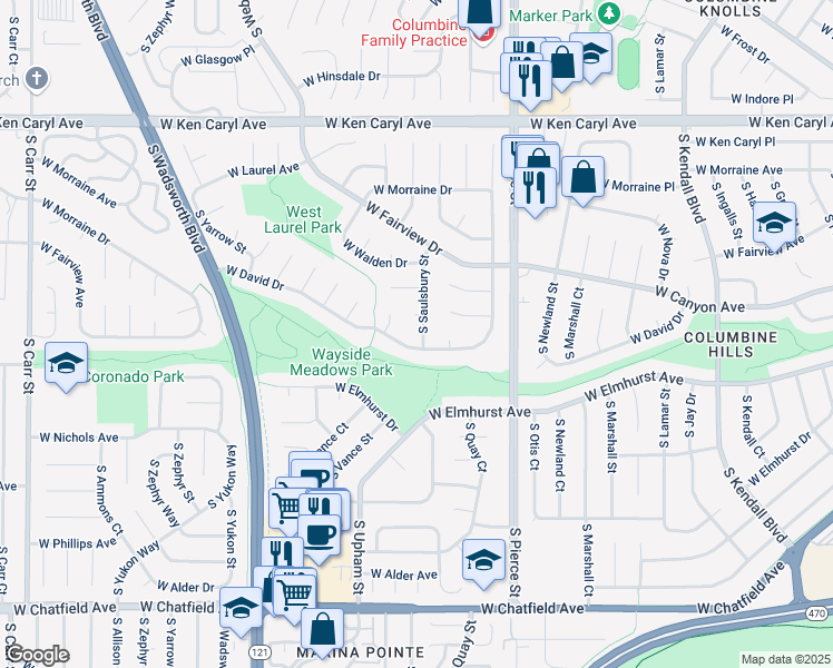 map of restaurants, bars, coffee shops, grocery stores, and more near 7857 South Saulsbury Street in Littleton