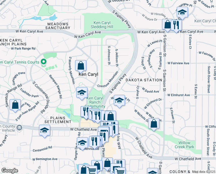map of restaurants, bars, coffee shops, grocery stores, and more near 10068 Crestone Mountain in Littleton