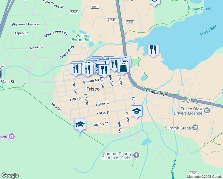 map of restaurants, bars, coffee shops, grocery stores, and more near 521 Teller Street in Frisco