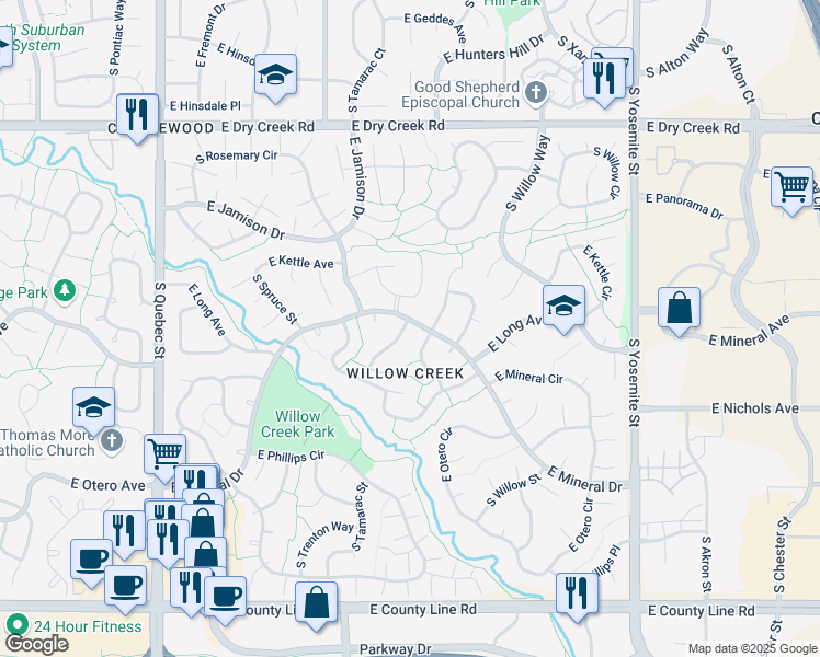 map of restaurants, bars, coffee shops, grocery stores, and more near 7857 South Ulster Street in Centennial