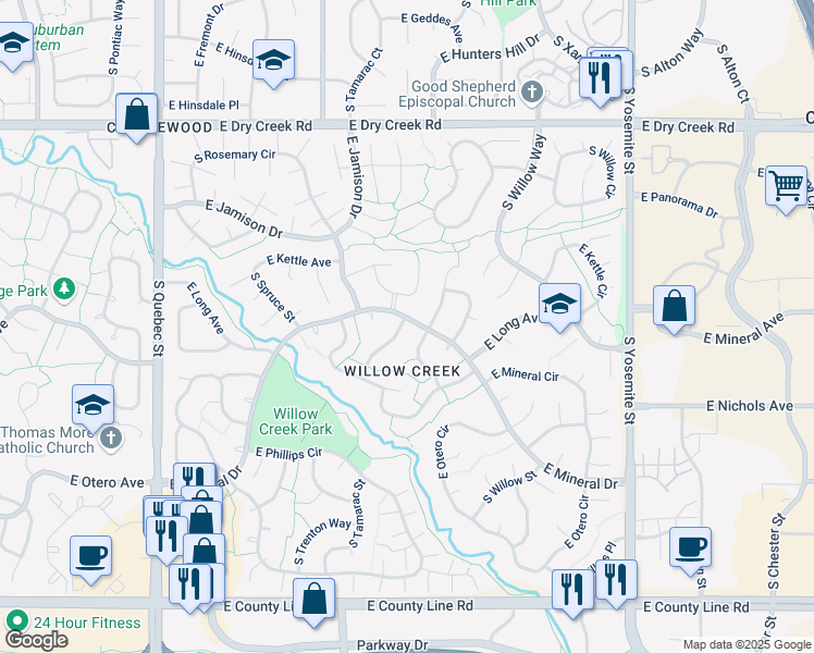 map of restaurants, bars, coffee shops, grocery stores, and more near 7857 South Ulster Street in Centennial