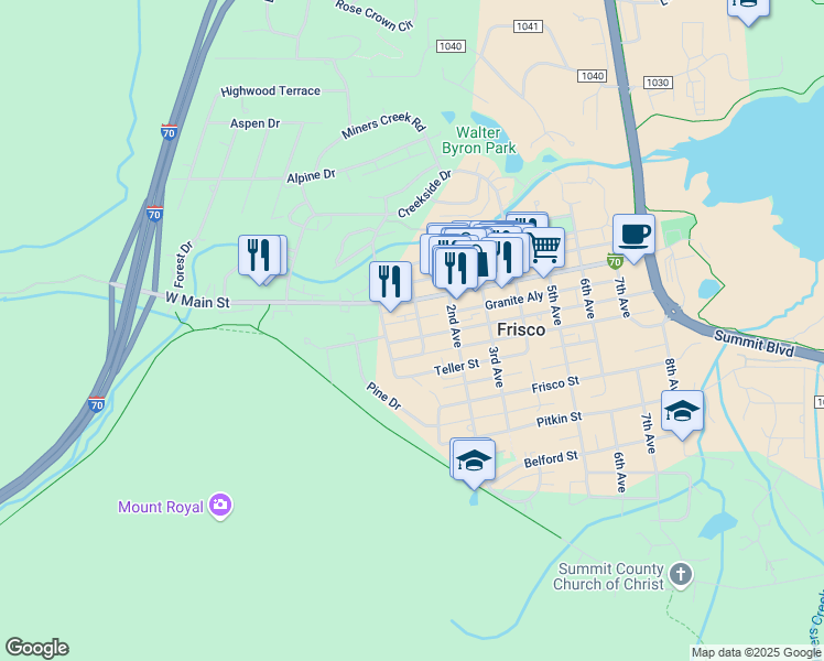 map of restaurants, bars, coffee shops, grocery stores, and more near 3 Granite Street in Frisco