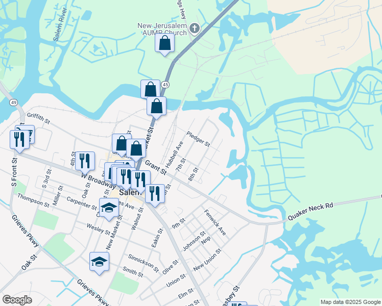 map of restaurants, bars, coffee shops, grocery stores, and more near 84 7th Street in Salem