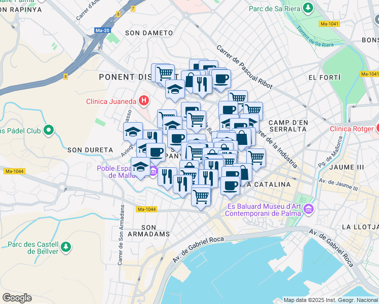 map of restaurants, bars, coffee shops, grocery stores, and more near 53 Carrer de Contestí in Palma