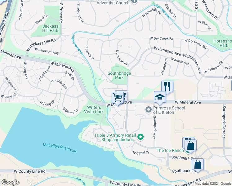 map of restaurants, bars, coffee shops, grocery stores, and more near 7887 South Windermere Circle in Littleton
