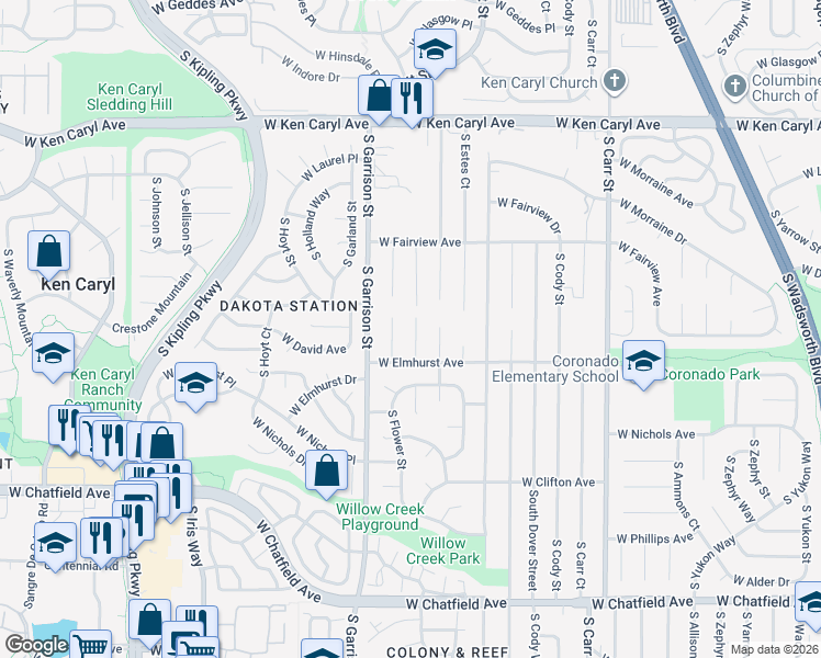 map of restaurants, bars, coffee shops, grocery stores, and more near 7837 South Field Street in Littleton