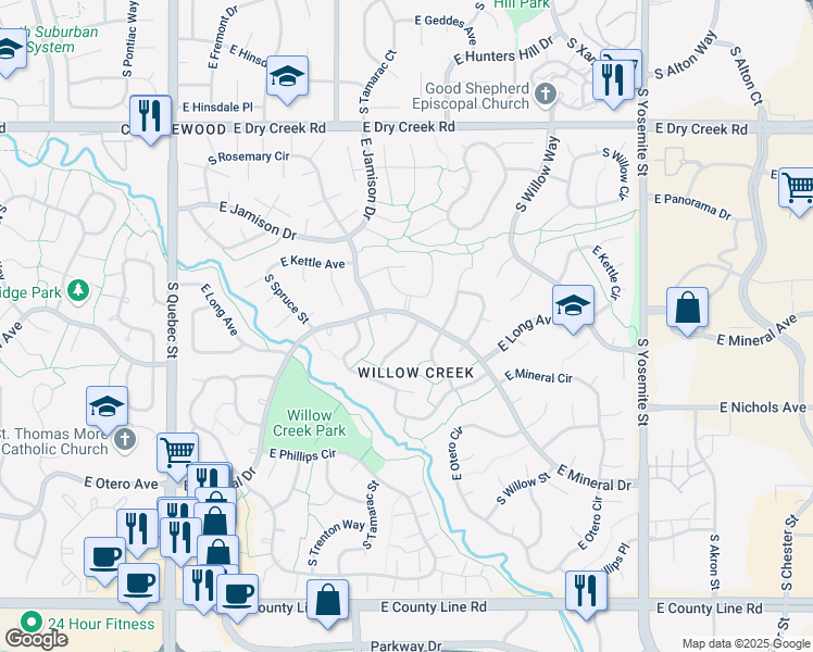 map of restaurants, bars, coffee shops, grocery stores, and more near 7857 South Ulster Street in Centennial