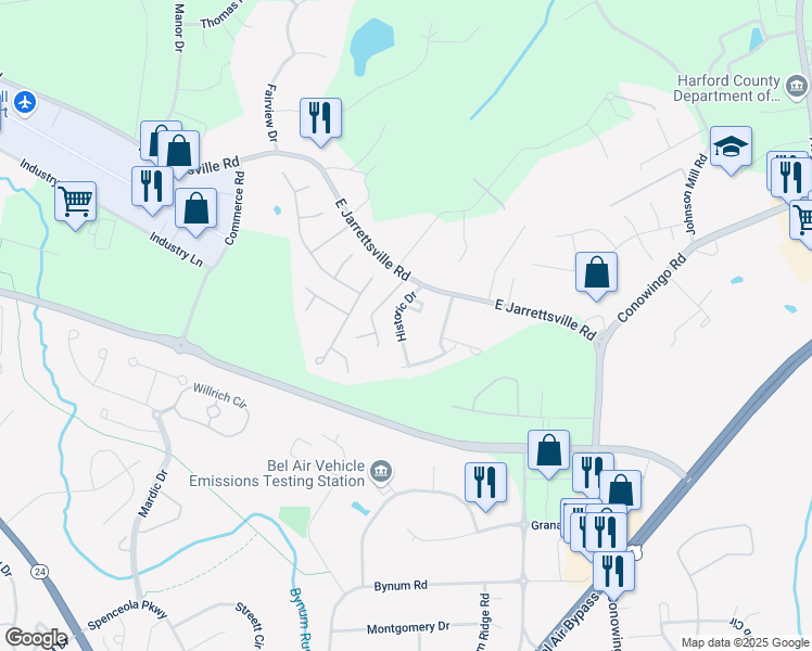 map of restaurants, bars, coffee shops, grocery stores, and more near 2183 Historic Drive in Forest Hill