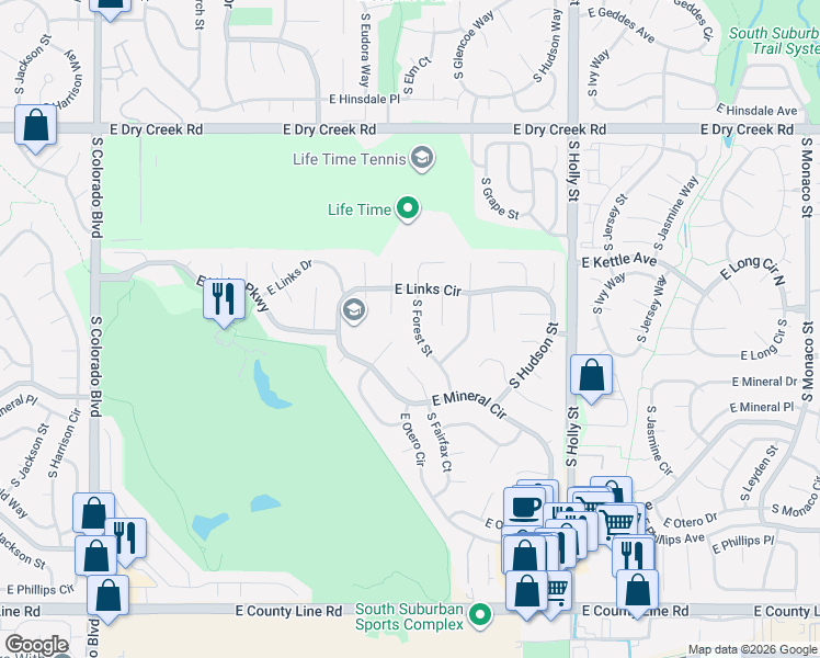 map of restaurants, bars, coffee shops, grocery stores, and more near 7807 South Forest Street in Centennial