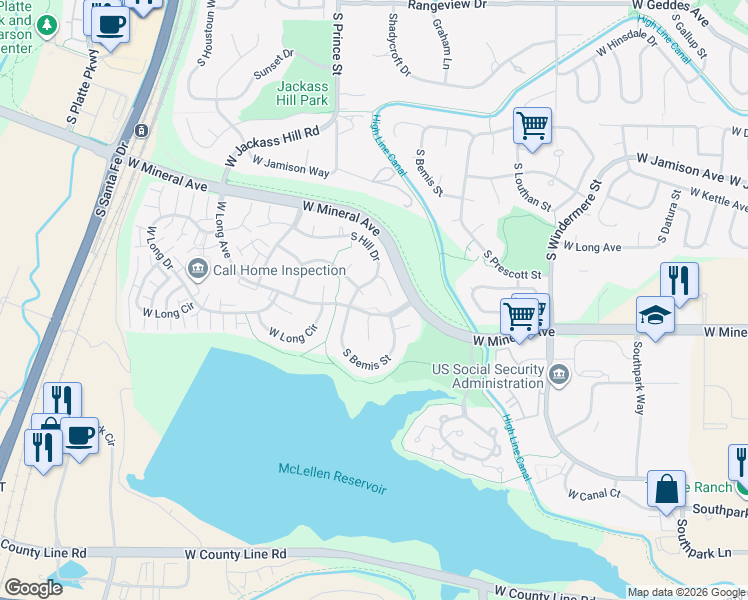 map of restaurants, bars, coffee shops, grocery stores, and more near 7866 South Hill Drive in Littleton