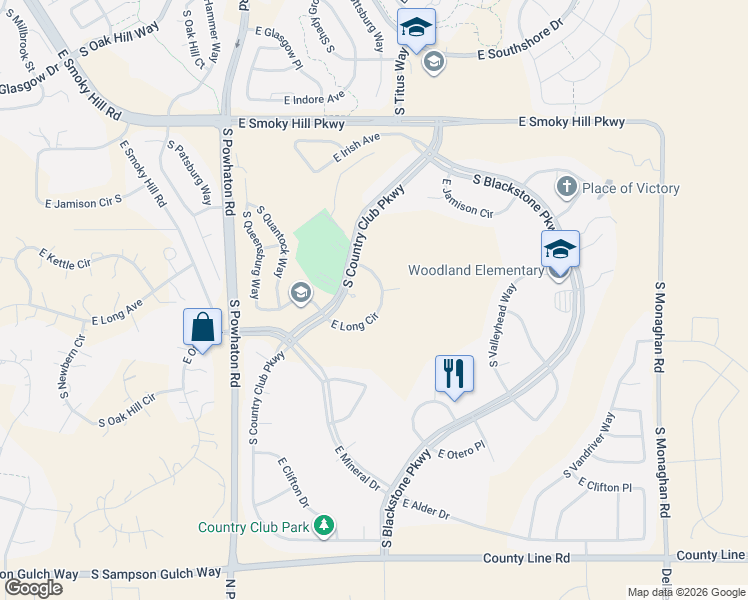 map of restaurants, bars, coffee shops, grocery stores, and more near 27001 East Long Circle in Aurora