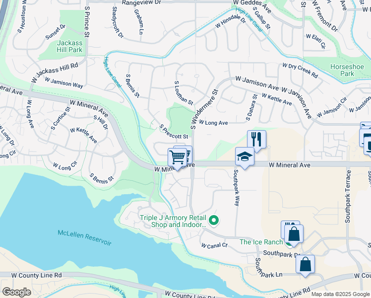 map of restaurants, bars, coffee shops, grocery stores, and more near 7910 South Windermere Circle in Littleton