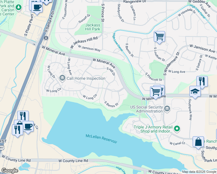 map of restaurants, bars, coffee shops, grocery stores, and more near 7866 South Hill Drive in Littleton