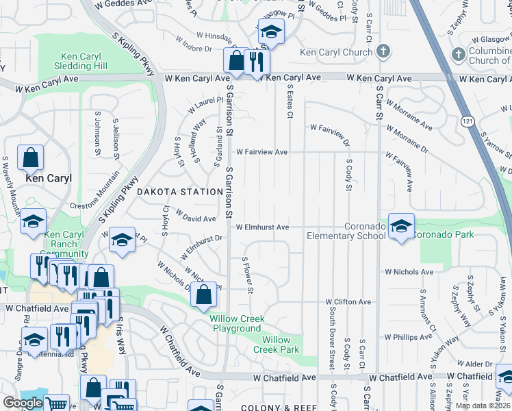 map of restaurants, bars, coffee shops, grocery stores, and more near 7837 South Field Street in Littleton