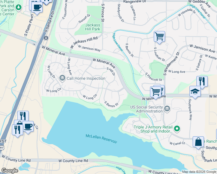 map of restaurants, bars, coffee shops, grocery stores, and more near 7866 South Hill Drive in Littleton