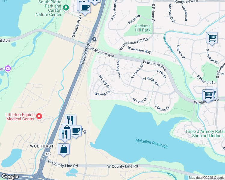 map of restaurants, bars, coffee shops, grocery stores, and more near 2871 West Long Drive in Littleton