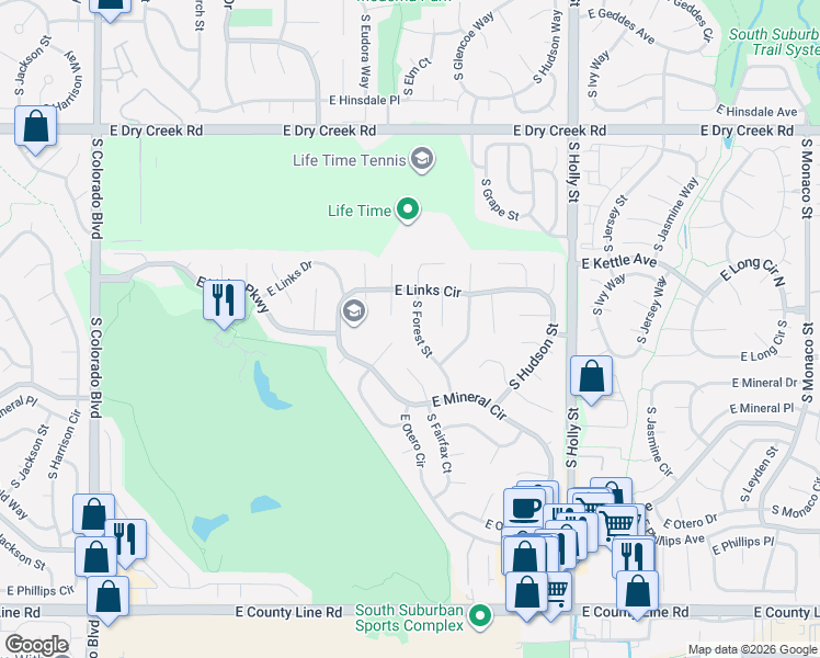 map of restaurants, bars, coffee shops, grocery stores, and more near 7807 South Forest Street in Centennial