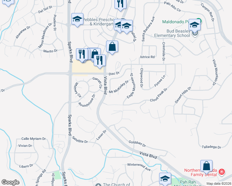 map of restaurants, bars, coffee shops, grocery stores, and more near 4475 Kings Peak Circle in Sparks