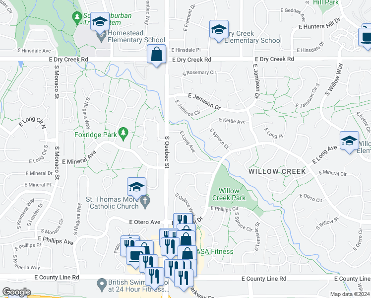 map of restaurants, bars, coffee shops, grocery stores, and more near 7474 East Long Avenue in Centennial