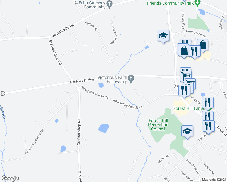 map of restaurants, bars, coffee shops, grocery stores, and more near 410 Rockspring Church Road in Forest Hill