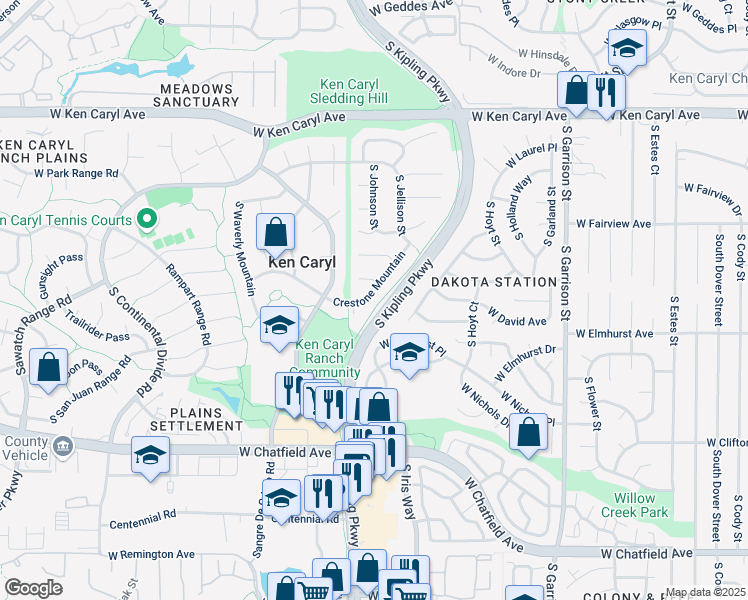 map of restaurants, bars, coffee shops, grocery stores, and more near 10068 Crestone Mountain in Littleton