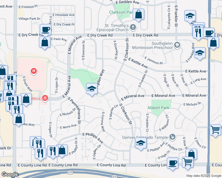 map of restaurants, bars, coffee shops, grocery stores, and more near 7880 South Ogden Way in Centennial