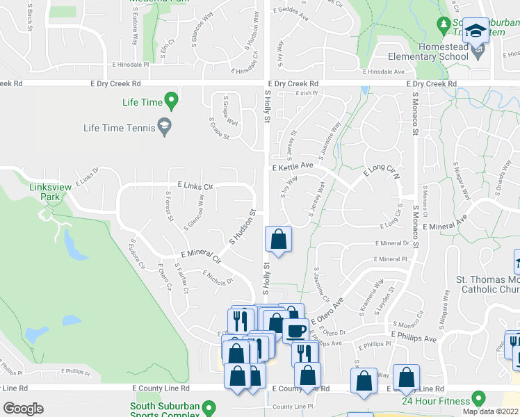 map of restaurants, bars, coffee shops, grocery stores, and more near 5597 East Links Circle in Centennial