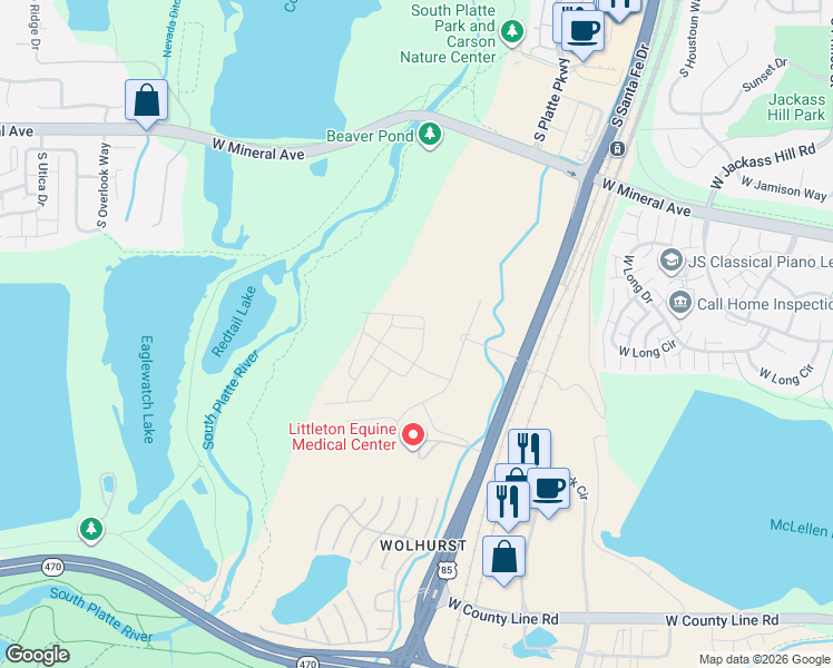 map of restaurants, bars, coffee shops, grocery stores, and more near 7875 South Santa Fe Drive in Littleton