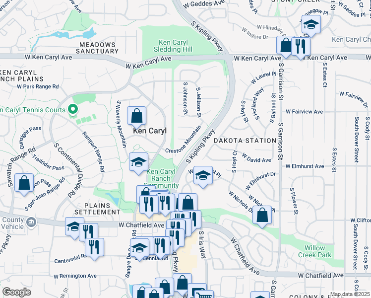 map of restaurants, bars, coffee shops, grocery stores, and more near 10068 Crestone Mountain in Littleton