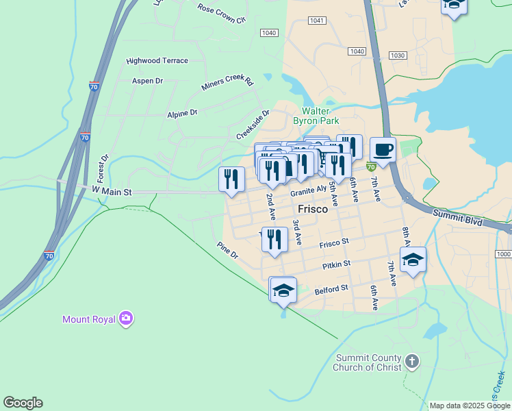 map of restaurants, bars, coffee shops, grocery stores, and more near 110 Granite Street in Frisco