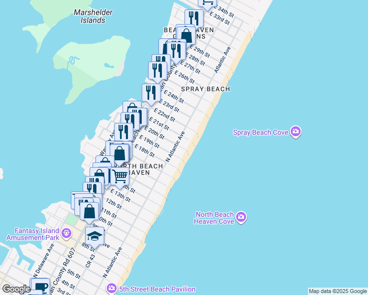 map of restaurants, bars, coffee shops, grocery stores, and more near 206 East 21st Street in Long Beach Township