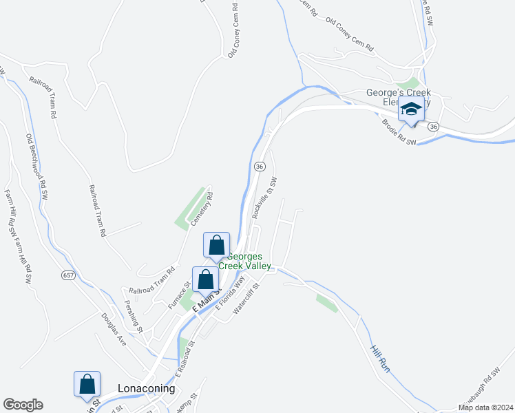 map of restaurants, bars, coffee shops, grocery stores, and more near 12508 Rockville Street Southwest in Lonaconing